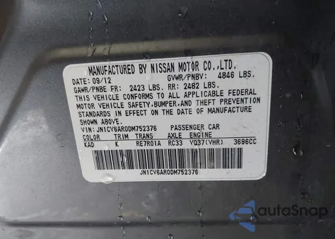 2013 Infiniti G37X z USA, uszkodzony, nr VIN JN1CV6AR0DM752376